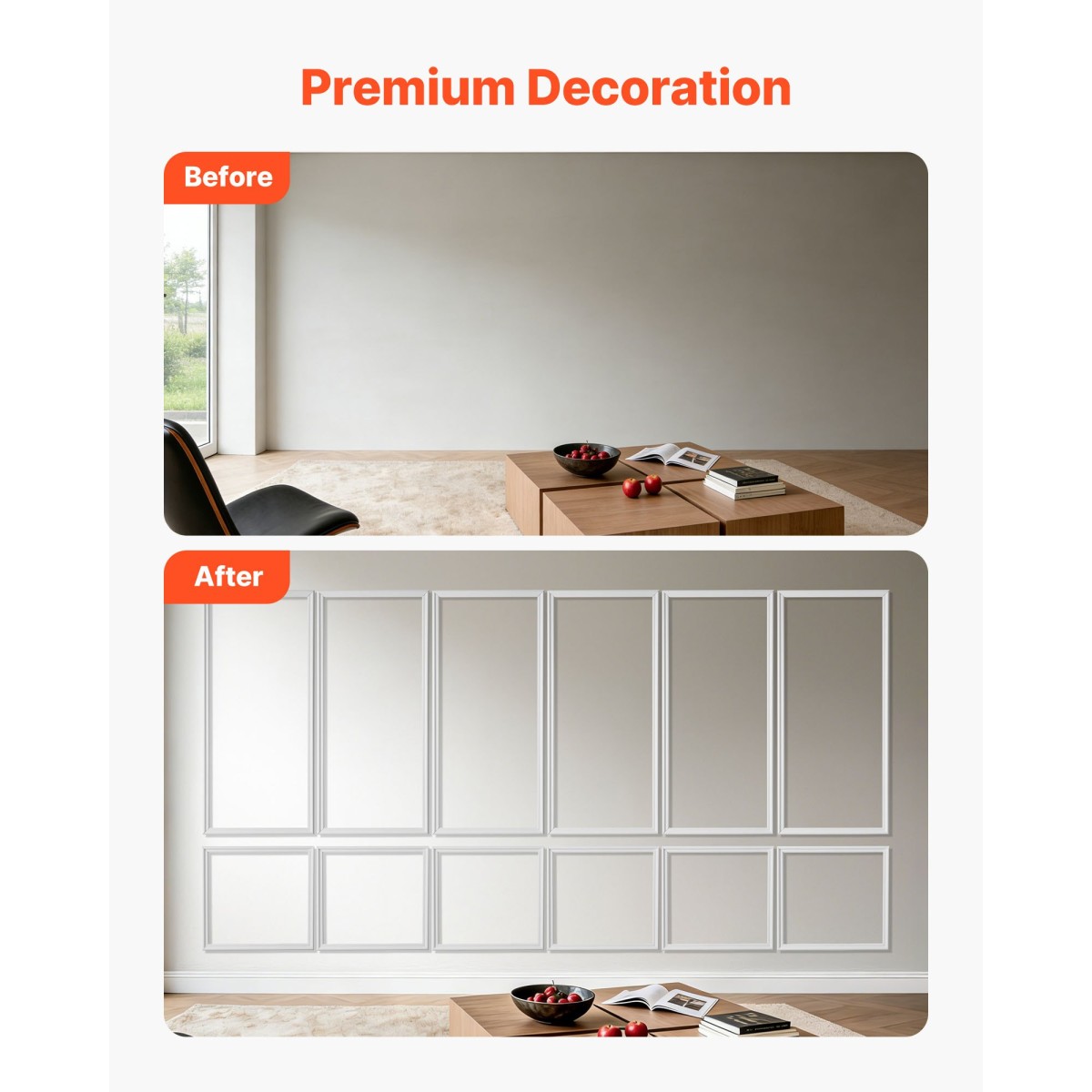 VEVOR Wall Molding 6 Pack, Κιτ πάνελ με ρολό, Ελαφρύ βαμμένο πολυστυρένιο, εύκολο στην εγκατάσταση, αδιάβροχο διακοσμητικό τοίχου για εσωτερική διακόσμηση σαλόνι, υπνοδωμάτιο, λευκό (61x137 + 61x61 cm)