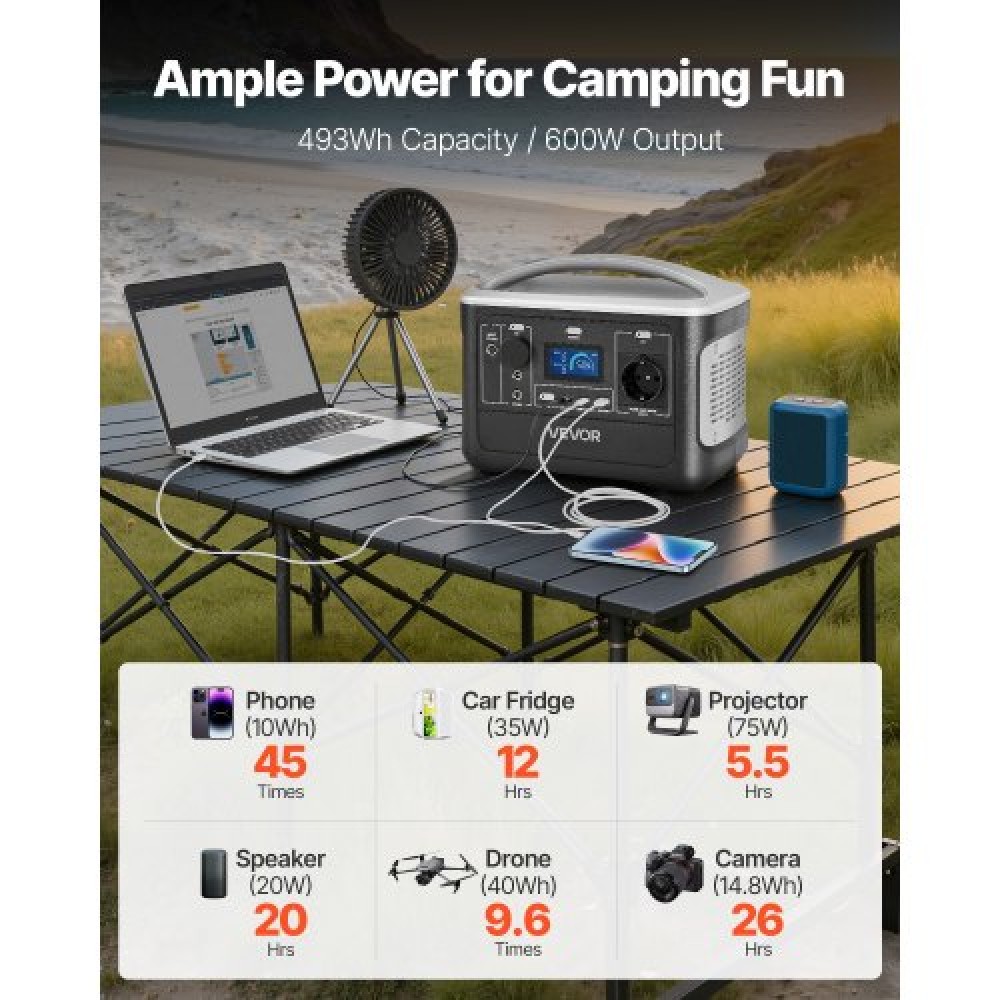 VEVOR Portable Power Station, 600W Solar Generator Power Station, 493Wh LiFePO4 Backup με 7 θύρες εξόδου για έκτακτη ανάγκη στο σπίτι, υπαίθριο κάμπινγκ, ταξίδι με RV (ΔΕΝ περιλαμβάνεται ηλιακός πίνακας)