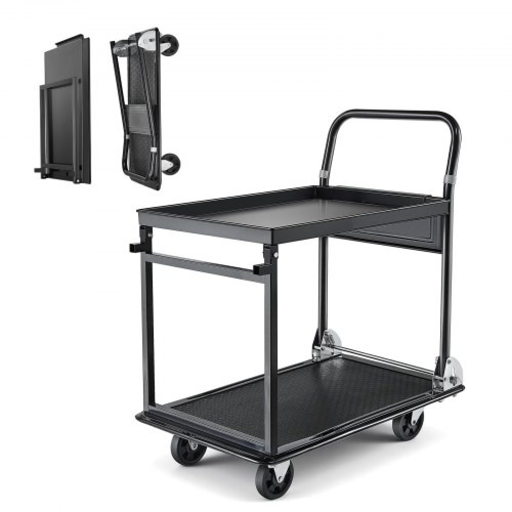 VEVOR Πτυσσόμενο καλάθι ώθησης Dolly, 317,51 kg, Χειρόφορο βαρέως τύπου πλατφόρμας με ρόδες, ατσάλι υψηλής αντοχής, 2 επιπέδων κινούμενο καρότσι με επίπεδη επιφάνεια, για αποθήκη, γκαράζ, εργαστήριο, γραφείο, 730 x 470 x 820 mm