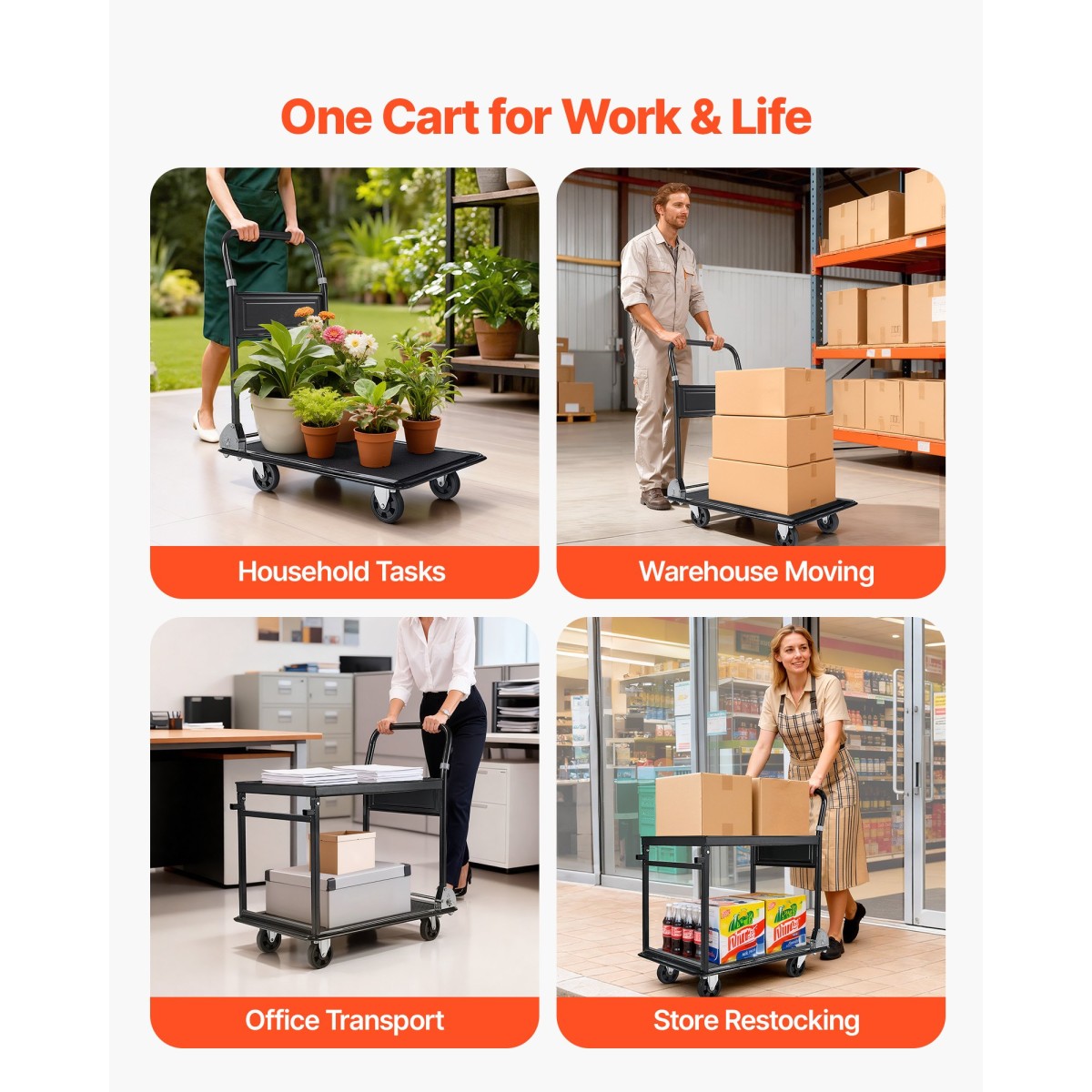 VEVOR Πτυσσόμενο καλάθι ώθησης Dolly, 317,51 kg, Χειρόφορο βαρέως τύπου πλατφόρμας με ρόδες, ατσάλι υψηλής αντοχής, 2 επιπέδων κινούμενο καρότσι με επίπεδη επιφάνεια, για αποθήκη, γκαράζ, εργαστήριο, γραφείο, 730 x 470 x 820 mm