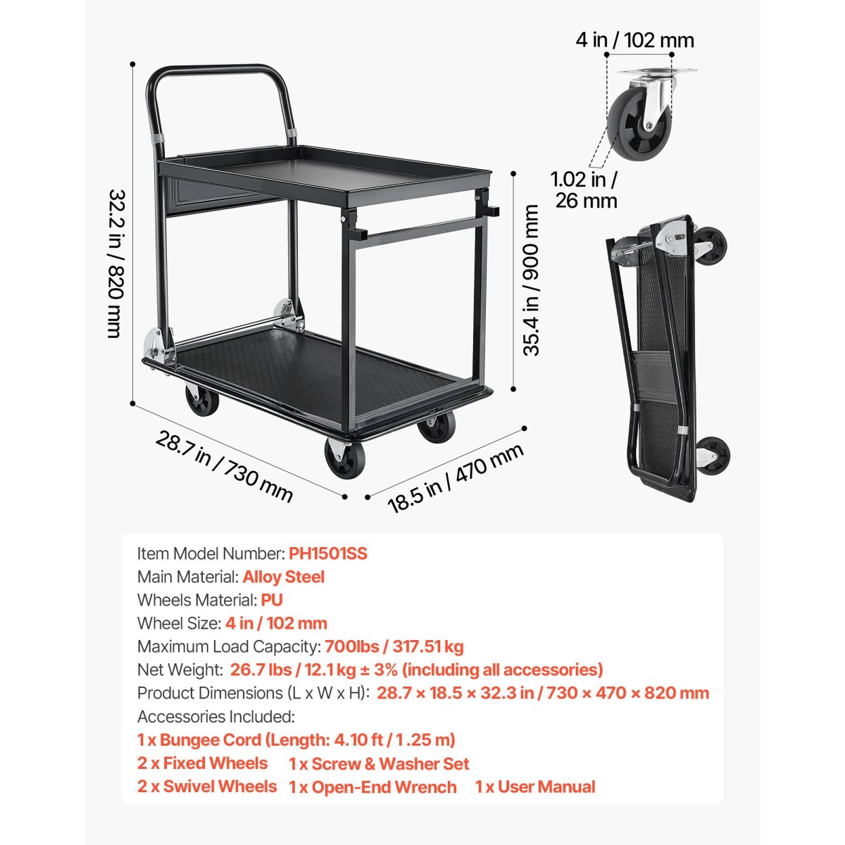 VEVOR Πτυσσόμενο καλάθι ώθησης Dolly, 317,51 kg, Χειρόφορο βαρέως τύπου πλατφόρμας με ρόδες, ατσάλι υψηλής αντοχής, 2 επιπέδων κινούμενο καρότσι με επίπεδη επιφάνεια, για αποθήκη, γκαράζ, εργαστήριο, γραφείο, 730 x 470 x 820 mm