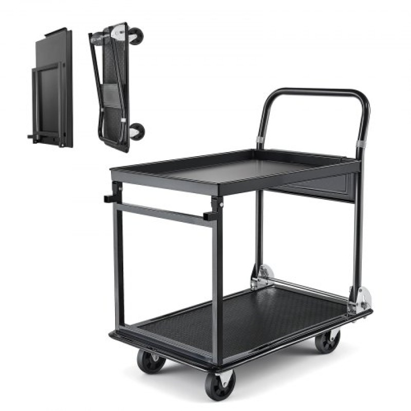 VEVOR Πτυσσόμενο καλάθι ώθησης Dolly, 317,51 kg, Χειρόφορο βαρέως τύπου πλατφόρμας με ρόδες, ατσάλι υψηλής αντοχής, 2 επιπέδων κινούμενο καρότσι με επίπεδη επιφάνεια, για αποθήκη, γκαράζ, εργαστήριο, γραφείο, 730 x 470 x 820 mm