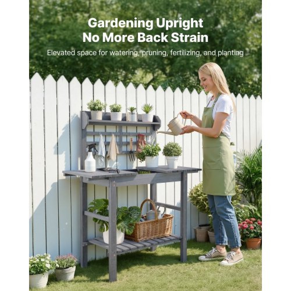 VEVOR Potting Bench Table, Outdoor Gardening Workstation with Sink, 94-140 cm Adjustable Wood Tabletop, Garden Work Station with Storage Shelves, Hooks for Patio, Backyard, Classic Grey