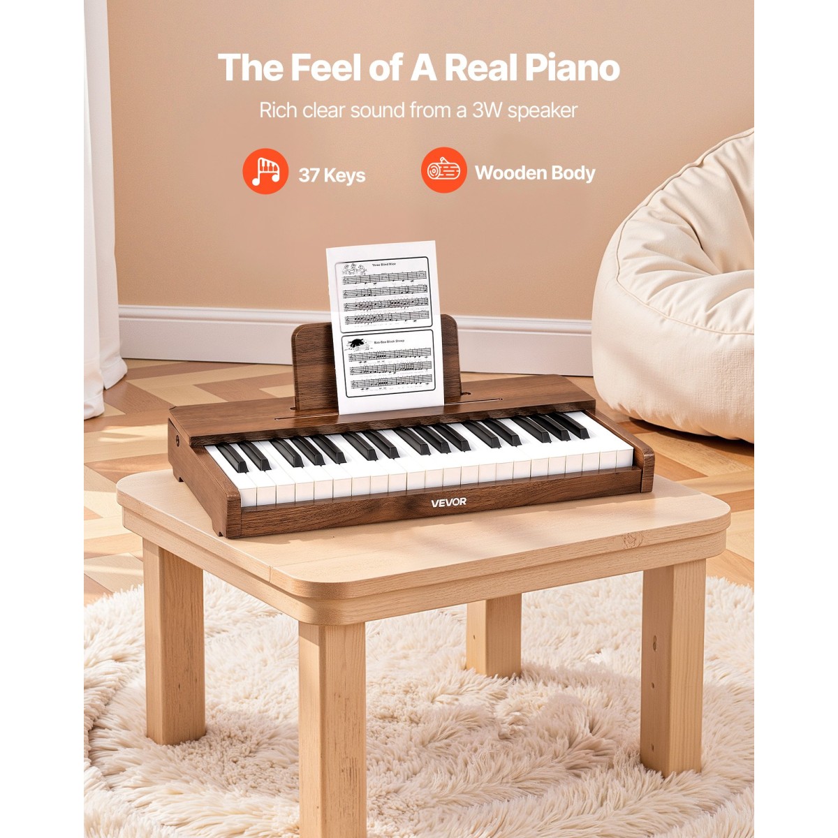 Πληκτρολόγιο VEVOR Kids Piano, Ξύλινο ψηφιακό πιάνο 37 πλήκτρων για παιδιά, Μίνι μουσικό εκπαιδευτικό όργανο παιχνίδι με ρεαλιστικό ήχο, διπλή ισχύς, ρυθμιζόμενη ένταση για νήπια, αγόρια κορίτσια εκμάθηση, καρυδιά