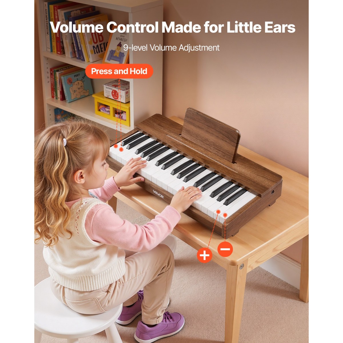 Πληκτρολόγιο VEVOR Kids Piano, Ξύλινο ψηφιακό πιάνο 37 πλήκτρων για παιδιά, Μίνι μουσικό εκπαιδευτικό όργανο παιχνίδι με ρεαλιστικό ήχο, διπλή ισχύς, ρυθμιζόμενη ένταση για νήπια, αγόρια κορίτσια εκμάθηση, καρυδιά