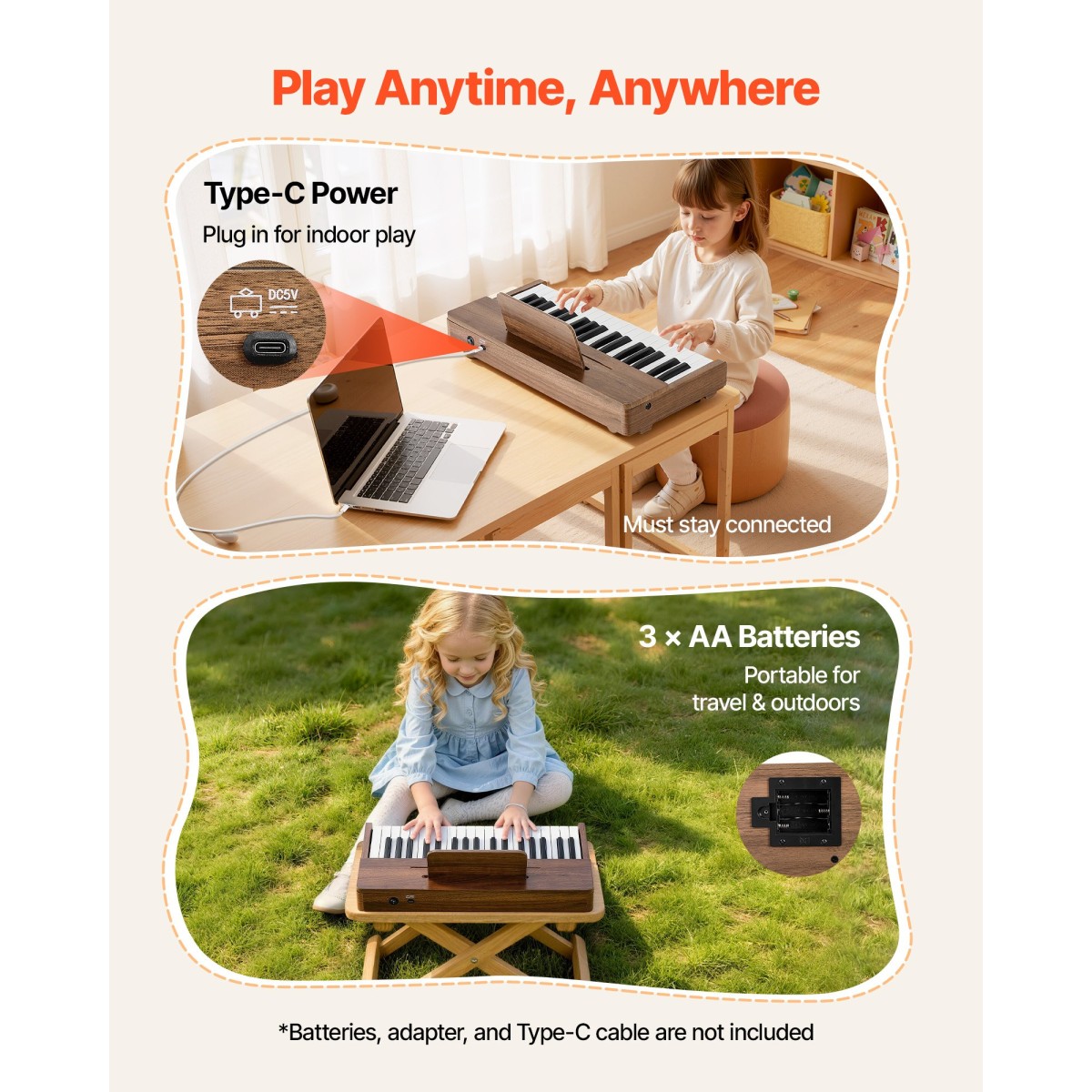 Πληκτρολόγιο VEVOR Kids Piano, Ξύλινο ψηφιακό πιάνο 37 πλήκτρων για παιδιά, Μίνι μουσικό εκπαιδευτικό όργανο παιχνίδι με ρεαλιστικό ήχο, διπλή ισχύς, ρυθμιζόμενη ένταση για νήπια, αγόρια κορίτσια εκμάθηση, καρυδιά