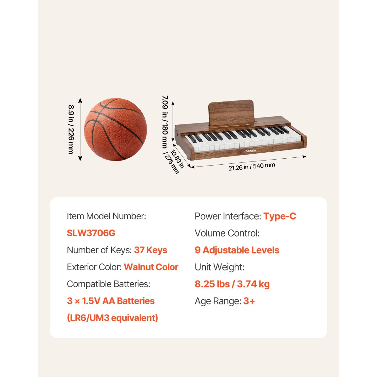 Πληκτρολόγιο VEVOR Kids Piano, Ξύλινο ψηφιακό πιάνο 37 πλήκτρων για παιδιά, Μίνι μουσικό εκπαιδευτικό όργανο παιχνίδι με ρεαλιστικό ήχο, διπλή ισχύς, ρυθμιζόμενη ένταση για νήπια, αγόρια κορίτσια εκμάθηση, καρυδιά