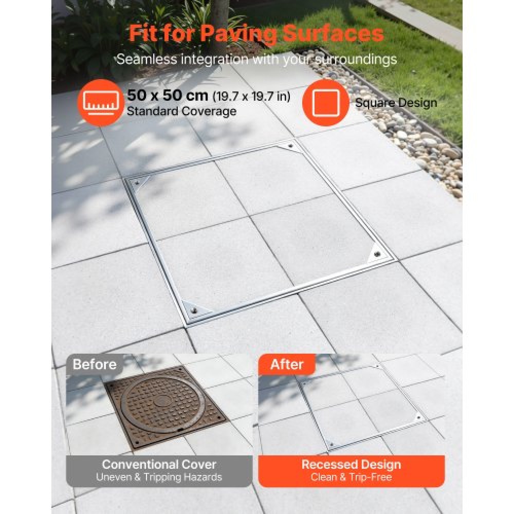 VEVOR Manhole Cover with Frame, 500 x 500mm Invisible Recessed Septic Tank Access Covers, Aluminum Alloy Embedded Drain Channel Inspection Cover for Pavements Gardens Patios
