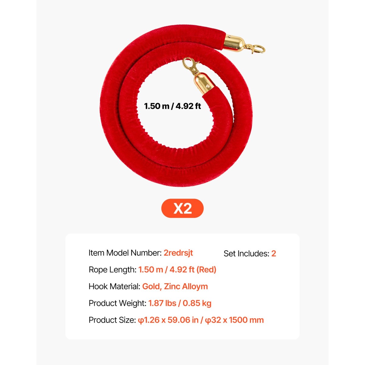 VEVOR 2 τεμ. Red Velvet Stanchion Ropes, 1,5 m Crowd Control Stanchion Red Velvet Ropes with Gold Hooks, Post Queue Barrier Carpet Rope for Carpet Events Κινηματογράφοι Μεγάλα εγκαίνια Ξενοδοχεία Πάρτι
