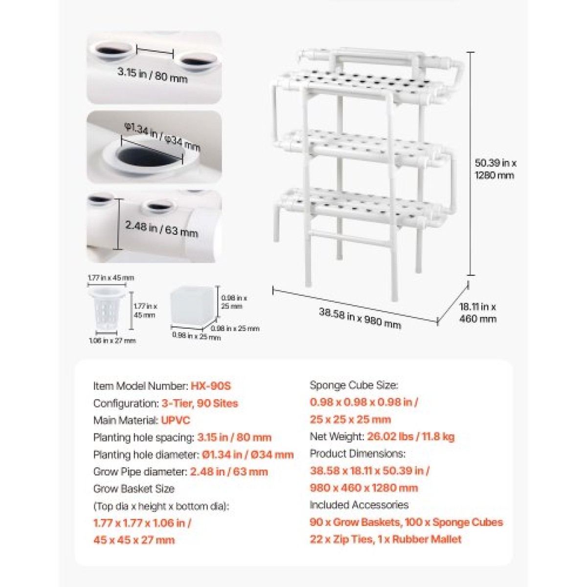 VEVOR Hydroponics Growing System Kit, 3-Tier 90 Sites UPVC Pipe Hydroponic Grow Kit with Timed Irigation, Sun & Light Blocking Pipes, Indoor Home Garden Vegetable Planting Kit for Fruit Herb