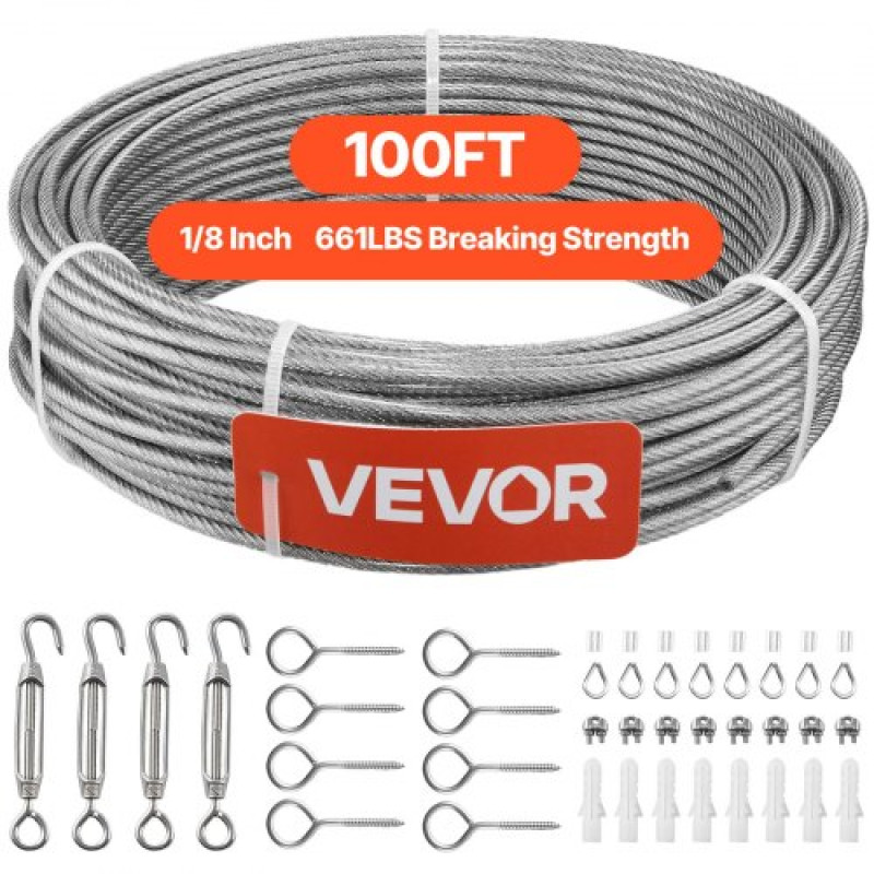 Σετ συρματόσχοινου VEVOR 3,2 mm, μήκους 30,5 m, καλώδιο σύρματος από ανοξείδωτο χάλυβα 304, αντοχή σε θραύση 2,9 kN, κατασκευή 7 x 7 σκέλη, χαλύβδινο καλώδιο για σύστημα κιγκλιδώματος καταστρώματος, πέργκολα κήπου, φώτα χορδών