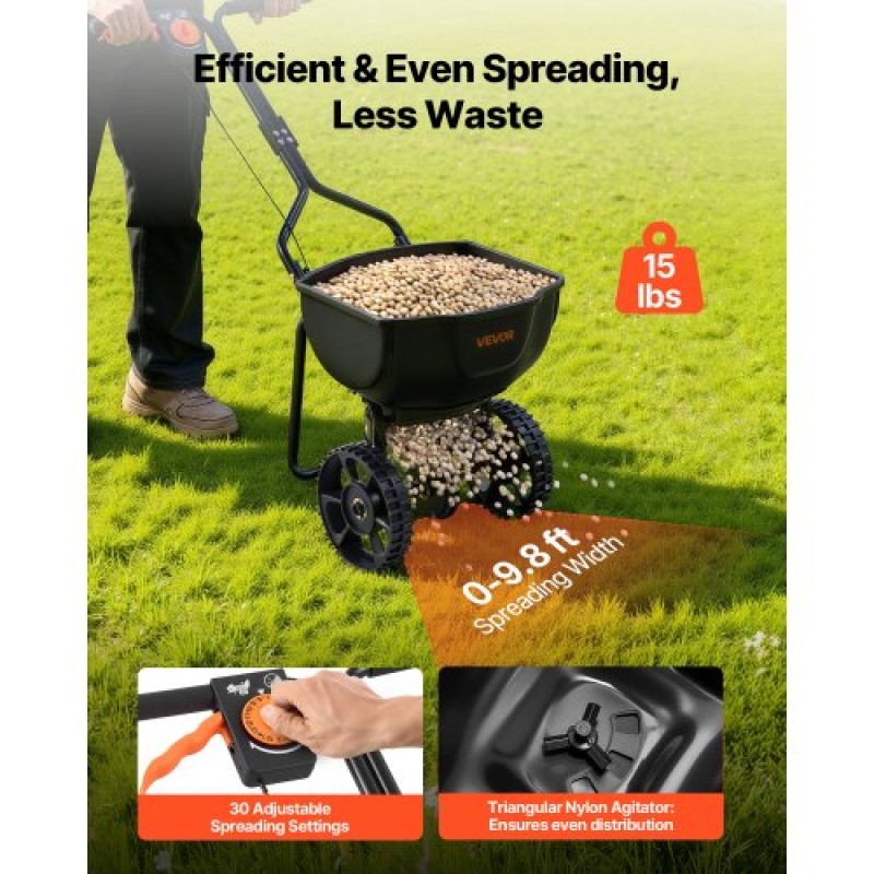 VEVOR Push Lawn Spreader, 3m Spreading Width, Broadcast Spreader με χωρητικότητα 59 kg & 10 in All-Terrain ελαστικά, Walk-Behind Garden & Lawn Broadcast Spreaders for Seed Fertilizer Weed Control