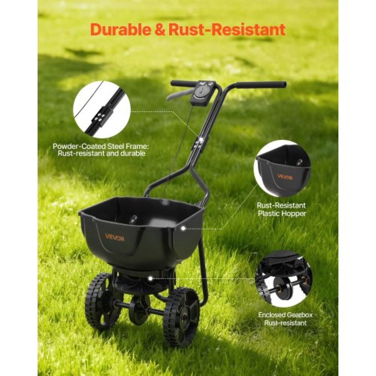VEVOR Push Lawn Spreader, 3m Spreading Width, Broadcast Spreader με χωρητικότητα 59 kg & 10 in All-Terrain ελαστικά, Walk-Behind Garden & Lawn Broadcast Spreaders for Seed Fertilizer Weed Control
