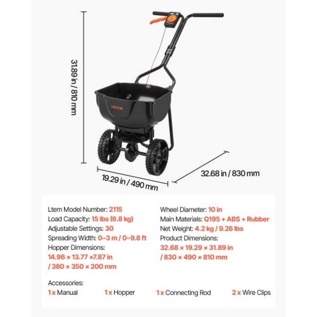 VEVOR Push Lawn Spreader, 3m Spreading Width, Broadcast Spreader με χωρητικότητα 59 kg & 10 in All-Terrain ελαστικά, Walk-Behind Garden & Lawn Broadcast Spreaders for Seed Fertilizer Weed Control