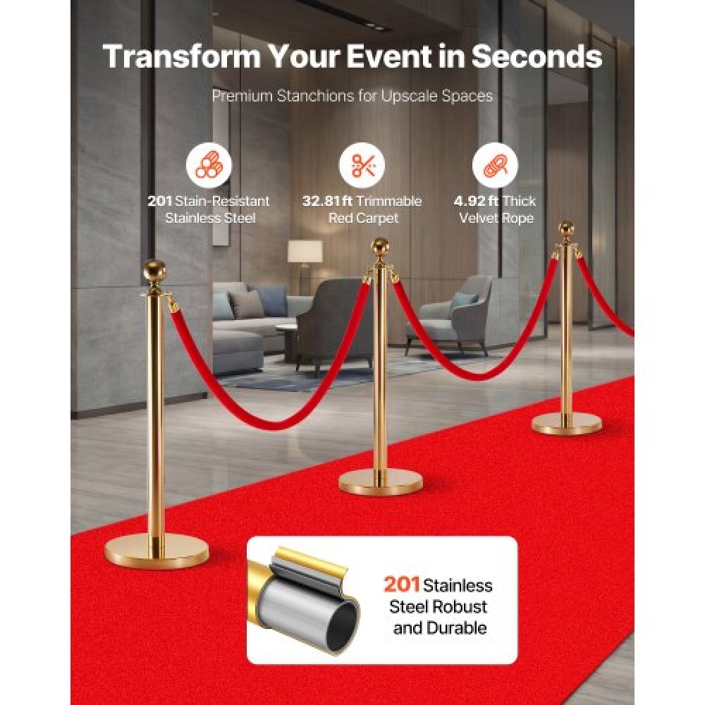 VEVOR Stanchion Post, 8 Pcs Crowd Control Barrier Set with Red Carpet, 6 Red Velvet Ropes, Stainless Steel Gold Stanchion Post Queue with Hollow Base for Theater, Party, Wedding, Exhibition (Gold)