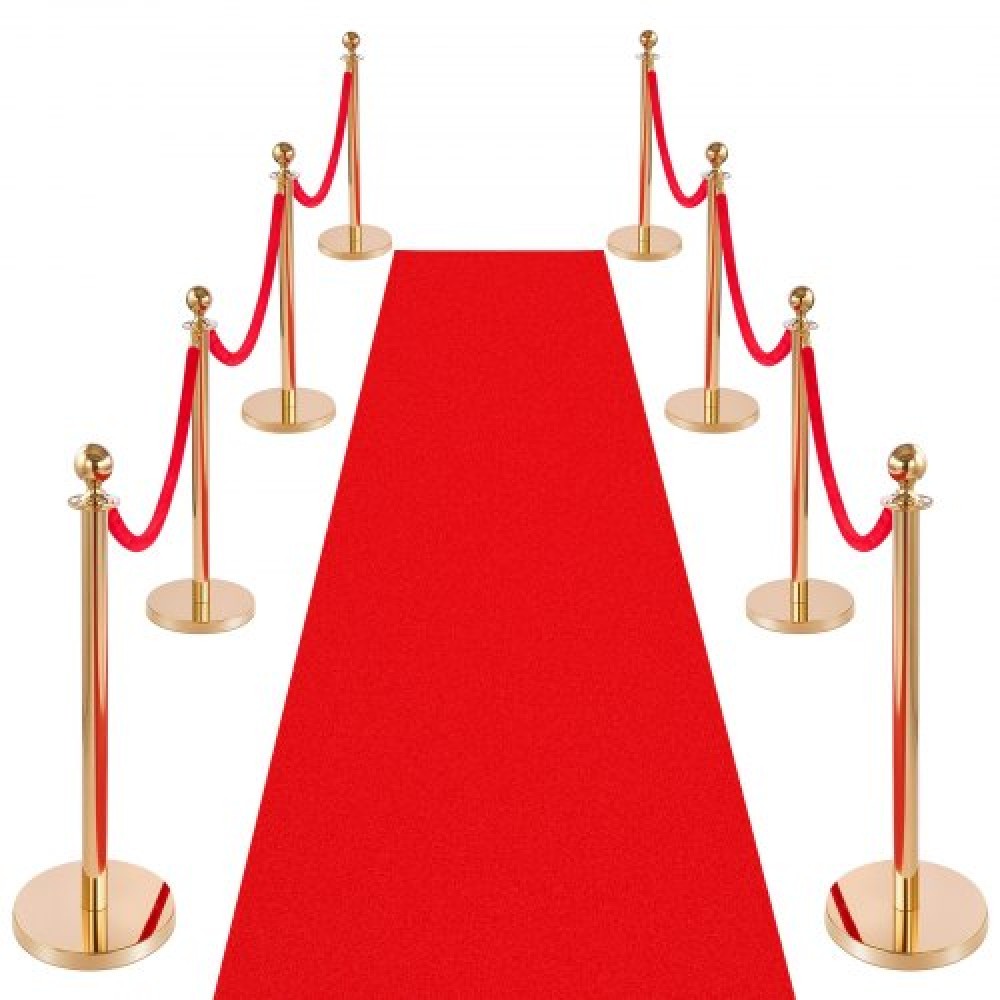 VEVOR Stanchion Post, 8 Pcs Crowd Control Barrier Set with Red Carpet, 6 Red Velvet Ropes, Stainless Steel Gold Stanchion Post Queue with Hollow Base for Theater, Party, Wedding, Exhibition (Gold)