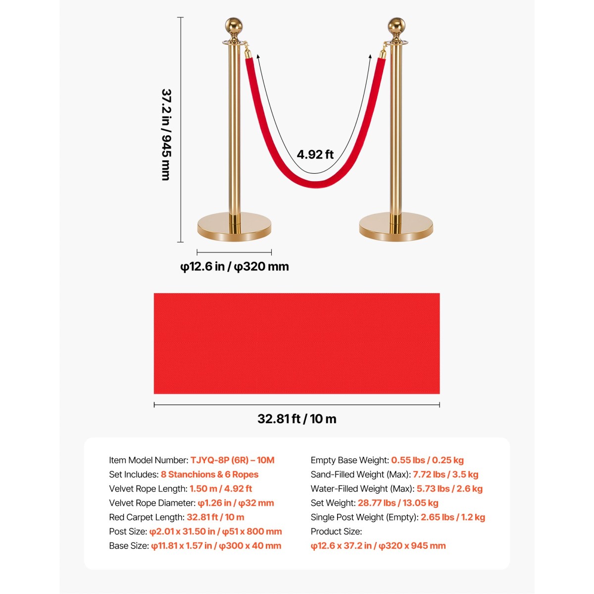VEVOR Stanchion Post, 8 τμχ Σετ Crowd Control Barrier με κόκκινο χαλί, 6 σχοινιά Red Velvet, Ανοξείδωτο χρυσό Stanchion Post Queue με κούφια βάση για θέατρο, πάρτι, γάμο, έκθεση (χρυσός)