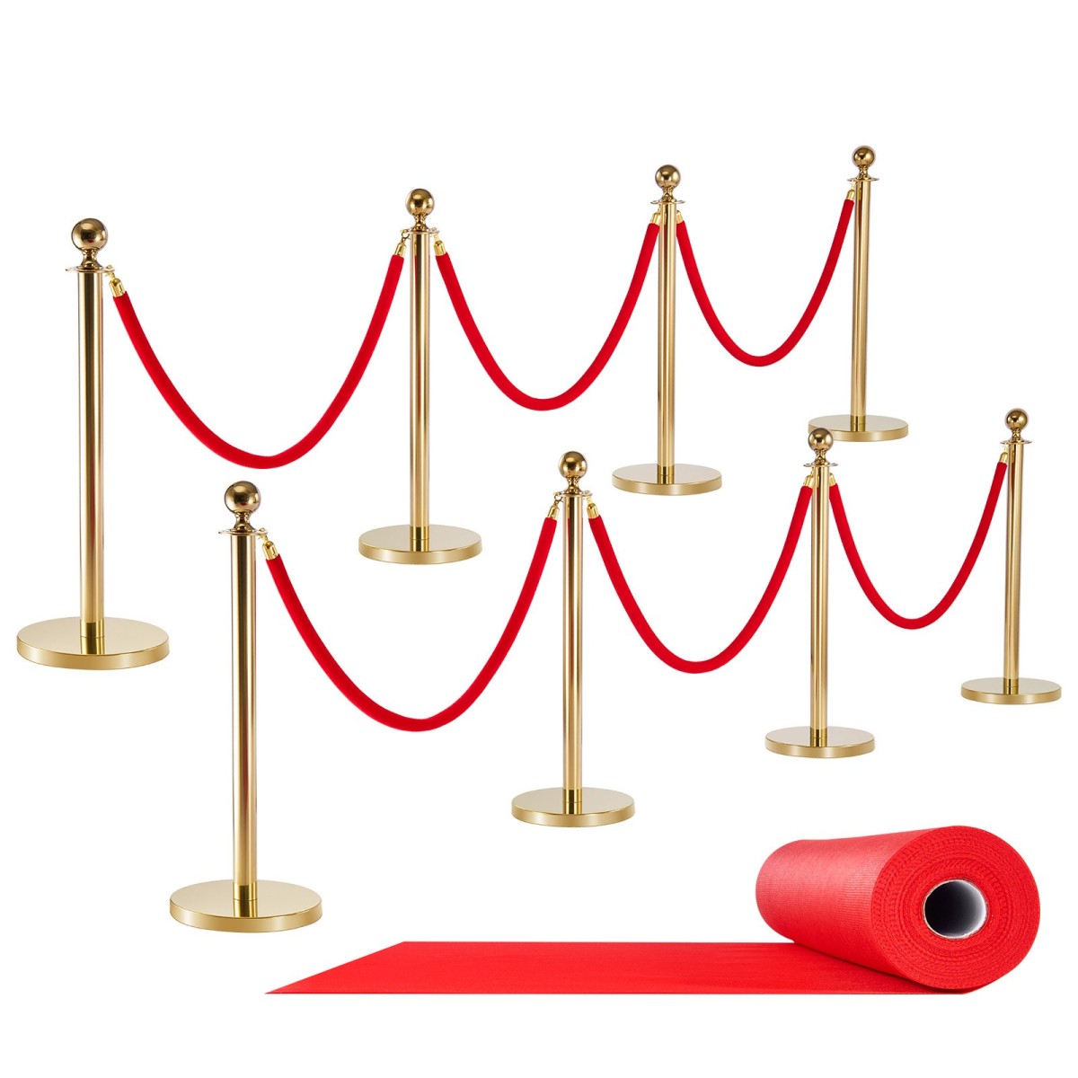 VEVOR Stanchion Post, 8 τμχ Σετ Crowd Control Barrier με κόκκινο χαλί, 6 σχοινιά Red Velvet, Ανοξείδωτο χρυσό Stanchion Post Queue με κούφια βάση για θέατρο, πάρτι, γάμο, έκθεση (χρυσός)