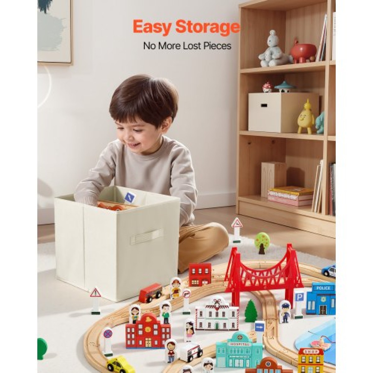 VEVOR 113PCS Ξύλινο σετ τρένου, για παιδιά ηλικίας 3-8 ετών, Ξύλινο παιχνίδι τροχιάς με κουτί αποθήκευσης, σετ παιχνιδιού City Scene Railway, Συμβατό με μεγάλες μάρκες, Χριστουγεννιάτικο παιχνίδι γενεθλίων για νήπια, αγόρια και κορίτσια