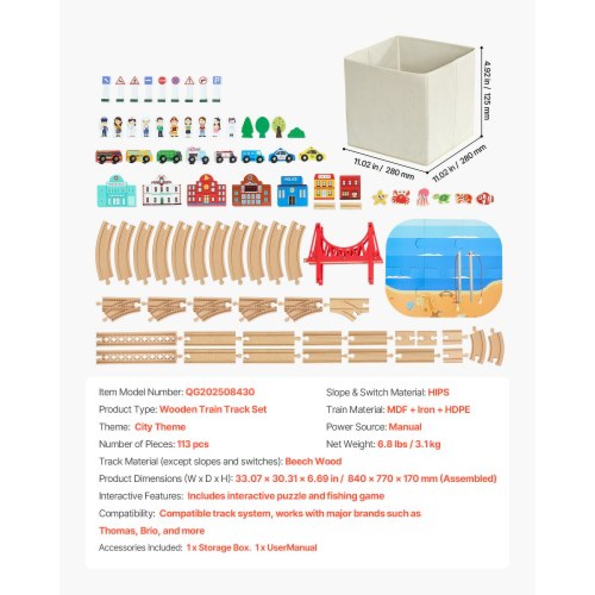 VEVOR 113PCS Ξύλινο σετ τρένου, για παιδιά ηλικίας 3-8 ετών, Ξύλινο παιχνίδι τροχιάς με κουτί αποθήκευσης, σετ παιχνιδιού City Scene Railway, Συμβατό με μεγάλες μάρκες, Χριστουγεννιάτικο παιχνίδι γενεθλίων για νήπια, αγόρια και κορίτσια