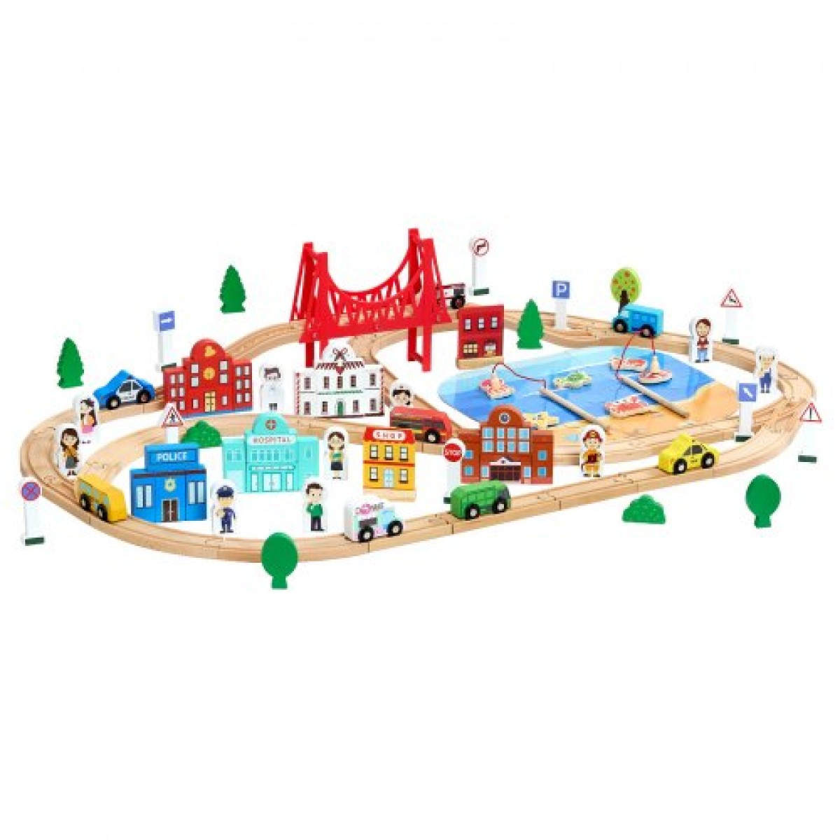 VEVOR 113PCS Ξύλινο σετ τρένου, για παιδιά ηλικίας 3-8 ετών, Ξύλινο παιχνίδι τροχιάς με κουτί αποθήκευσης, σετ παιχνιδιού City Scene Railway, Συμβατό με μεγάλες μάρκες, Χριστουγεννιάτικο παιχνίδι γενεθλίων για νήπια, αγόρια και κορίτσια
