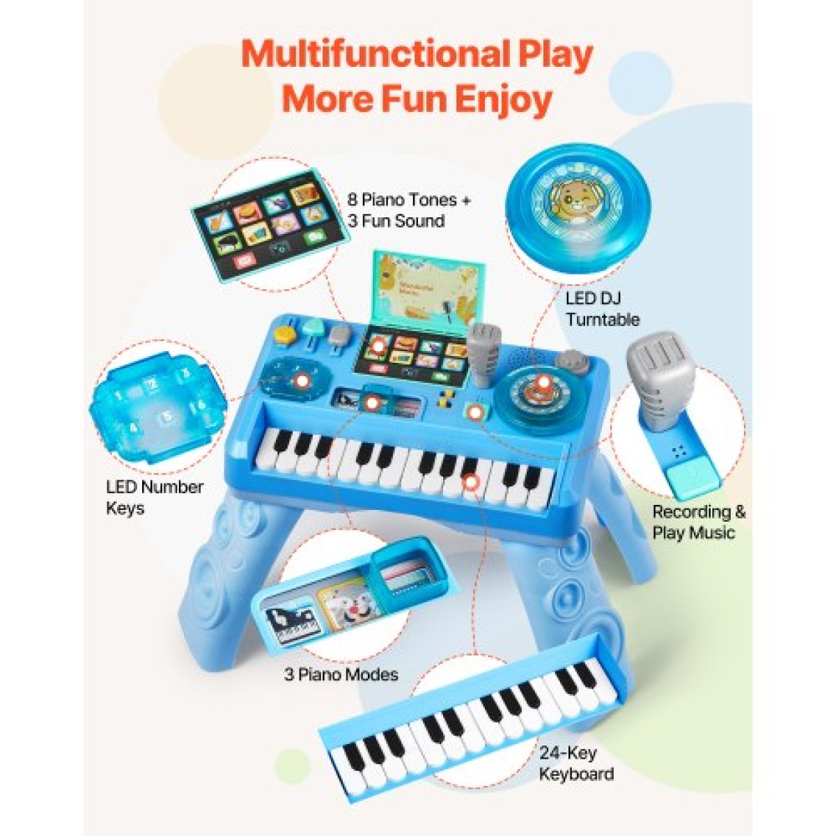 VEVOR Baby DJ Playset για νήπια 1-3, Εκπαιδευτικά μουσικά επιτραπέζια παιχνίδια με 133 πηγές ήχου, πικάπ ηχογράφησης και LED DJ, Τραπέζι δραστηριότητας μωρού για γενέθλια, δώρο για παιδιά ηλικίας 6+ μηνών