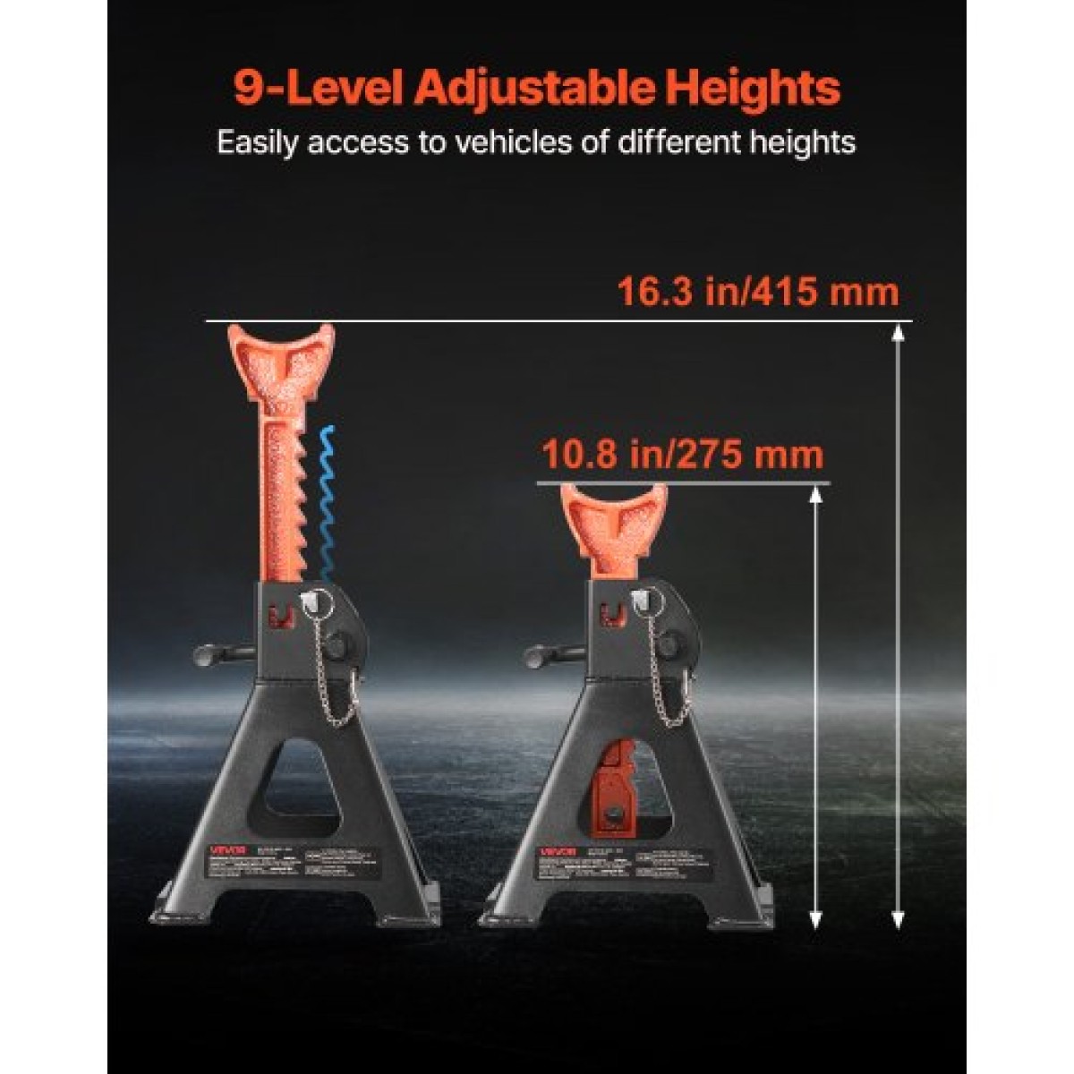 VEVOR Jack Stand, χωρητικότητα 3 Ton (6.600 lbs), 275-415 mm ρυθμιζόμενο ύψος, βαρέως τύπου Steel Jack Stand με διπλό κλείδωμα, για ανύψωση SUV, Pickup, Car, UTV/ATV, 1 Pair, Μαύρο και Πορτοκαλί