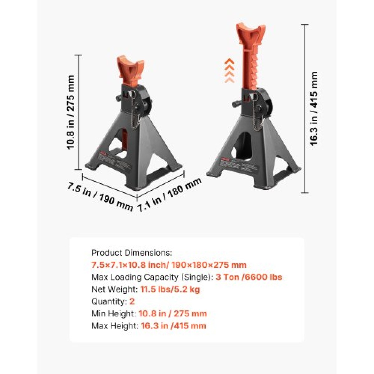 VEVOR Jack Stand, χωρητικότητα 3 Ton (6.600 lbs), 275-415 mm ρυθμιζόμενο ύψος, βαρέως τύπου Steel Jack Stand με διπλό κλείδωμα, για ανύψωση SUV, Pickup, Car, UTV/ATV, 1 Pair, Μαύρο και Πορτοκαλί