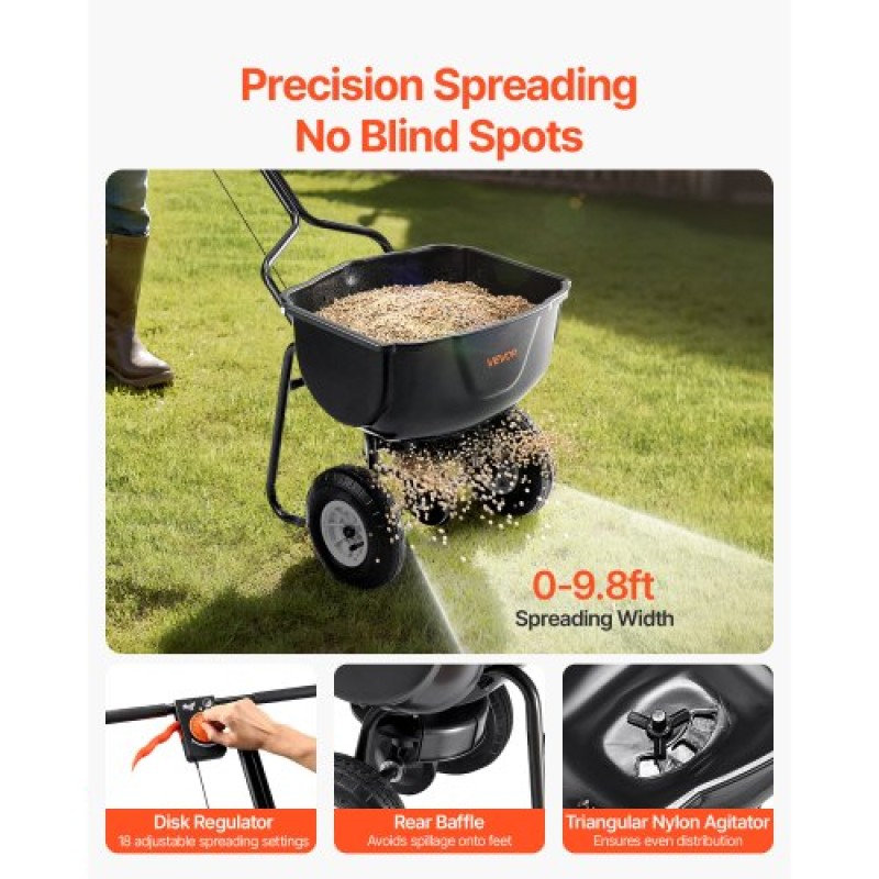 VEVOR Walk Behind Spreader, χωρητικότητα 60 LBS, Push Spreader με σχάρα χοάνης, 0-9,8 ft πλάτος διασποράς, 8 in All Terrain πνευματικά ελαστικά, Garden & Lawn Broadcast Spreader, για σπόρους, λίπασμα