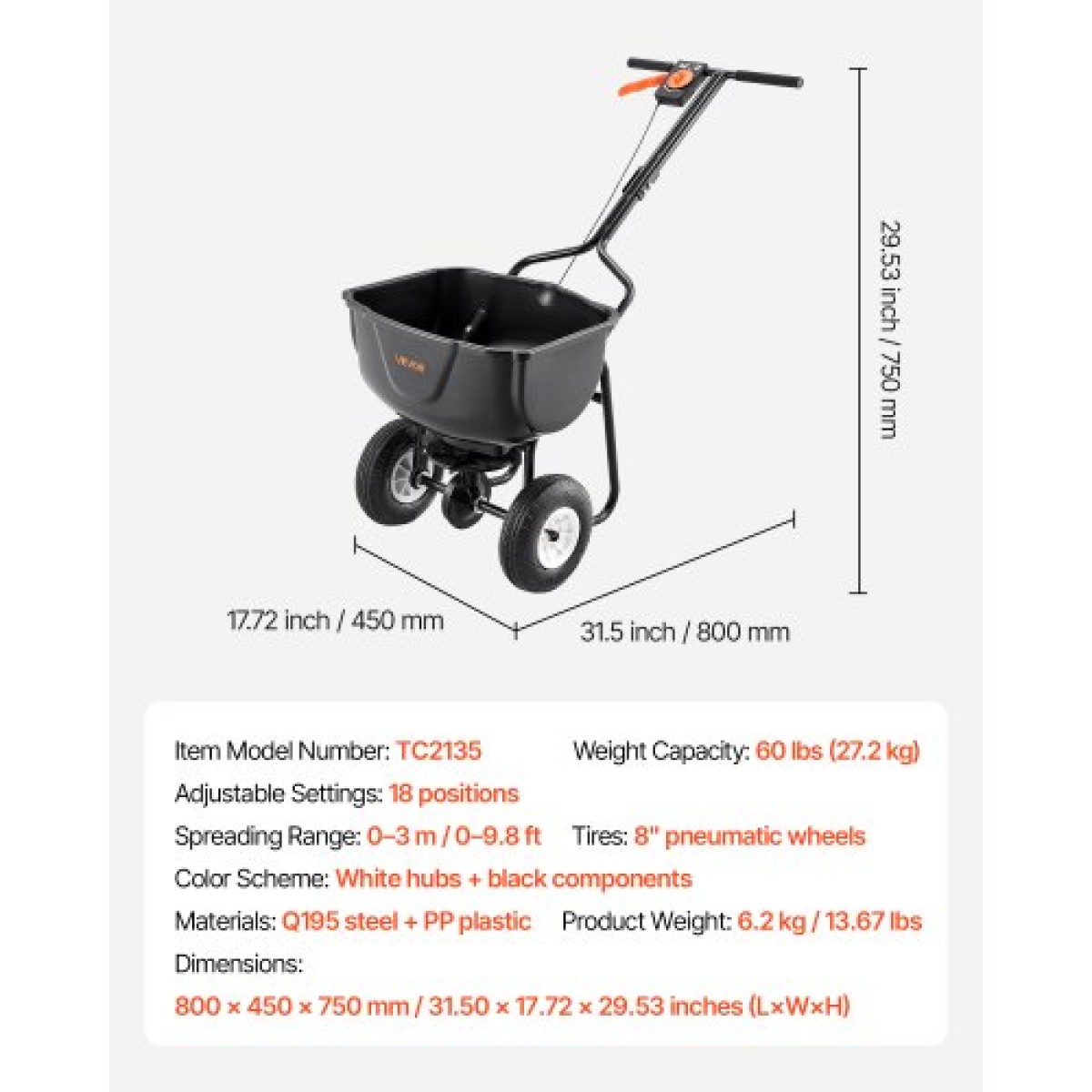 VEVOR Walk Behind Spreader, χωρητικότητα 60 LBS, Push Spreader με σχάρα χοάνης, 0-9,8 ft πλάτος διασποράς, 8 in All Terrain πνευματικά ελαστικά, Garden & Lawn Broadcast Spreader, για σπόρους, λίπασμα