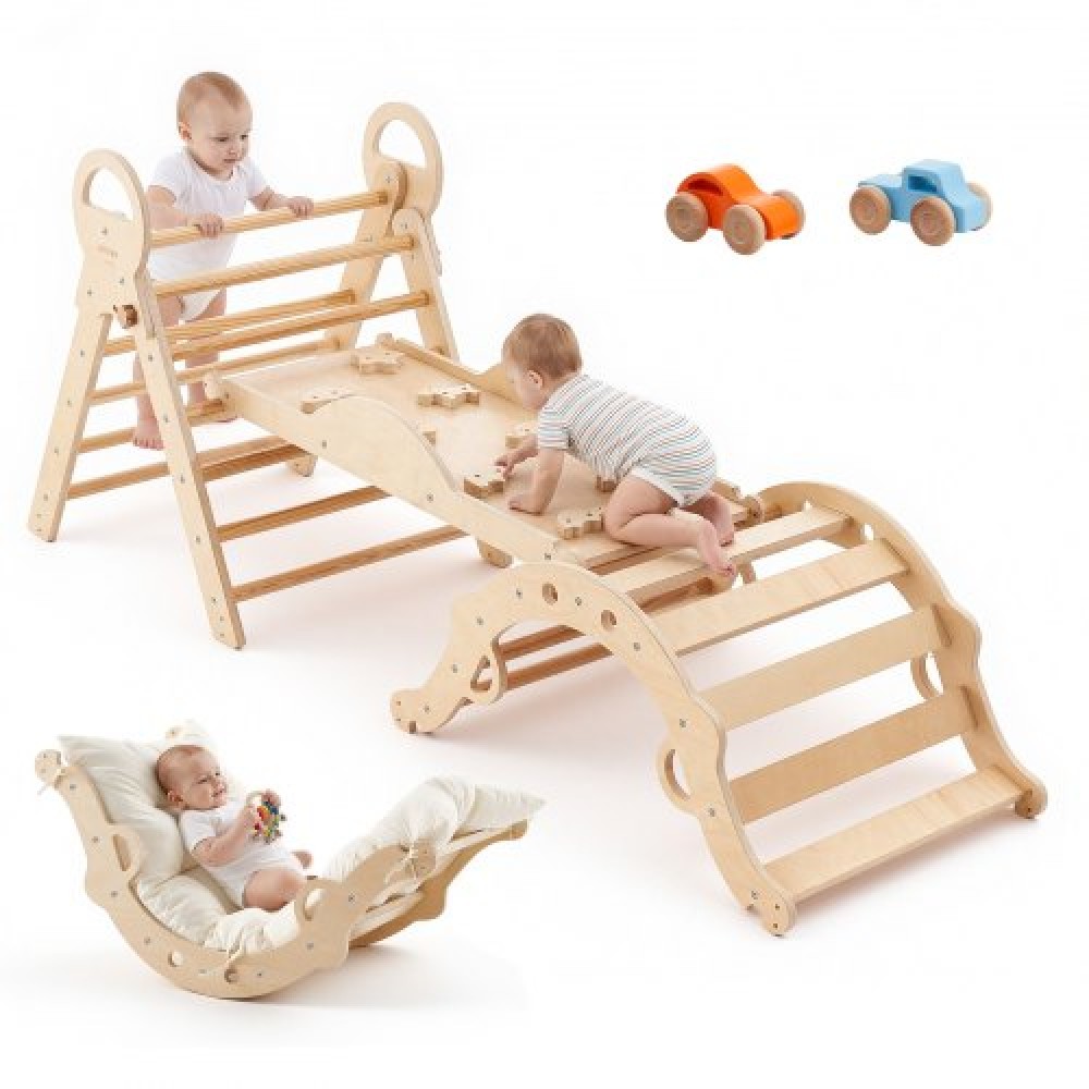 VEVOR Pikler Triangle Set, 9 σε 1 Toddler Climbing Toys Indoor, με 2 Ξύλινα Αυτοκίνητα, Μαξιλάρι, Τρίγωνο, Αψίδα και Ράμπα, Φορτίο 68 κιλών, Πτυσσόμενο Σετ αναρρίχησης Montessori για νήπια και παιδιά, Χρώμα ξύλου