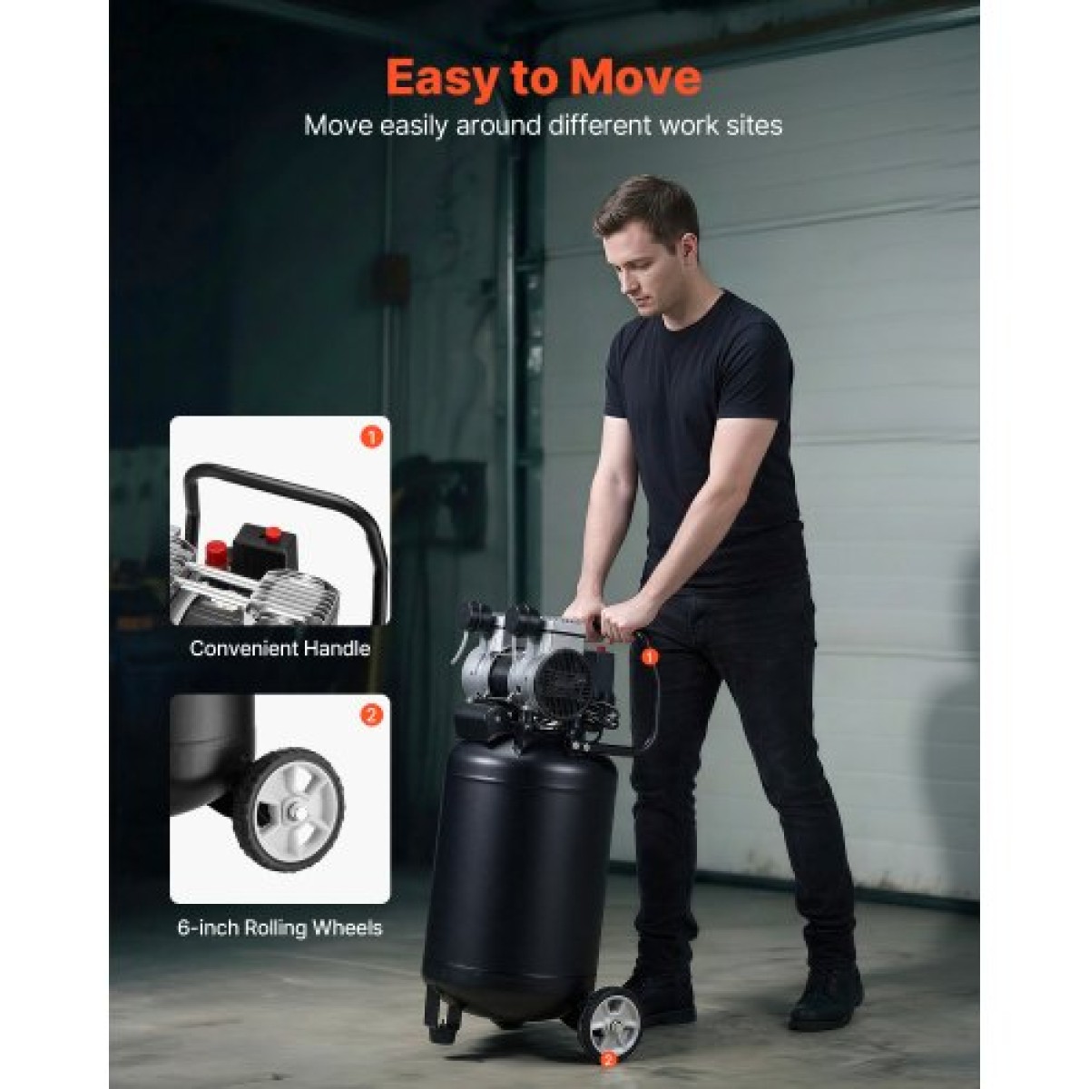 VEVOR 50L Air Compressor, 1,5 kW 113L/min στα 6,2 Bar, Max 8 Bar Pressure Oil-free Tank Air Compressor, Φορητό σε τροχούς για επισκευή αυτοκινήτου, Φούσκωμα ελαστικών, Βαφή με σπρέι, Καρφώματα ξυλουργικής