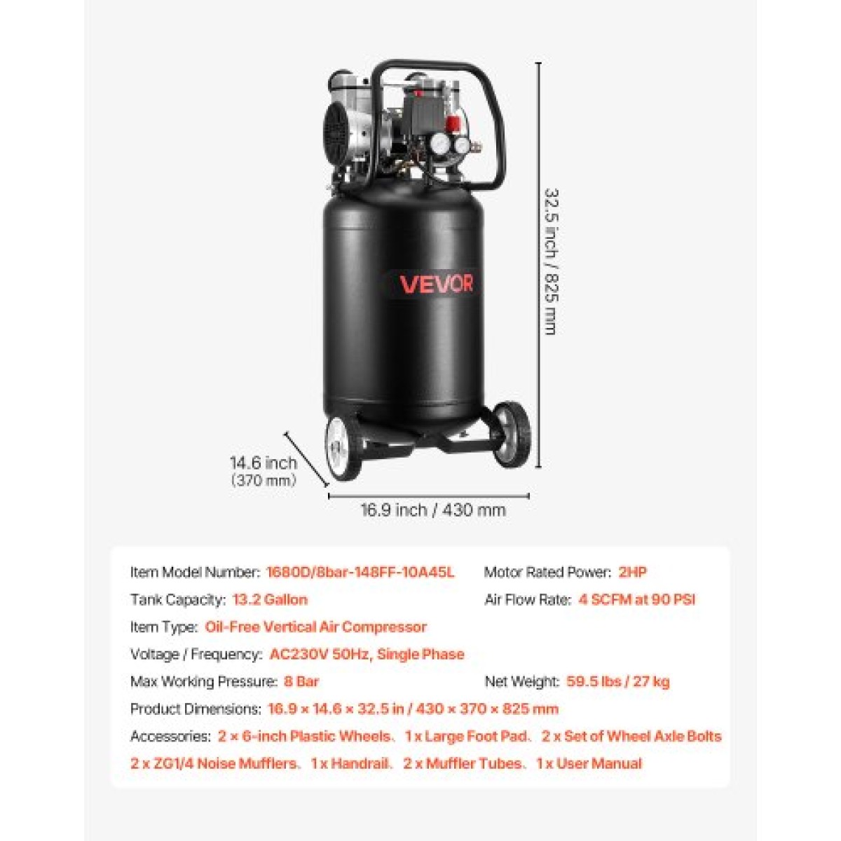VEVOR 50L Air Compressor, 1,5 kW 113L/min στα 6,2 Bar, Max 8 Bar Pressure Oil-free Tank Air Compressor, Φορητό σε τροχούς για επισκευή αυτοκινήτου, Φούσκωμα ελαστικών, Βαφή με σπρέι, Καρφώματα ξυλουργικής
