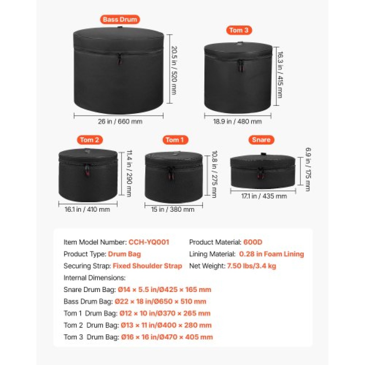 VEVOR 5-Pece Case Case VEVOR, 600D, Επενδυμένες τσάντες τυμπάνων για Bass, Tom, and Snare, Χοντρό padding, ελαφριά προστατευτικά καλύμματα, θήκες αποθήκευσης ταξιδιού με φορητή λαβή, για προστασία αξεσουάρ τύμπανων