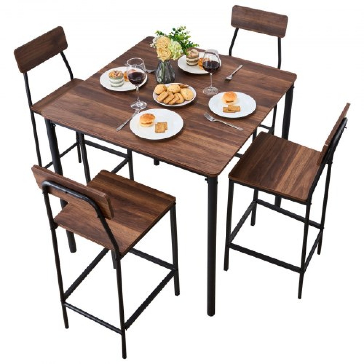 VEVOR Τραπέζι Bar, Σετ Τραπεζιών Bars 5 τμχ 889mm, Σετ Τραπέζια και Καρέκλες Μπαρ με Σχέδιο Στρογγυλεμένες, Τετράγωνο Τραπέζι Παμπ με Τέσσερα Σκαμπό για Σαλόνι, Τραπεζαρία, Κουζίνα, Χρώμα Καρυδιά, Μαύρο