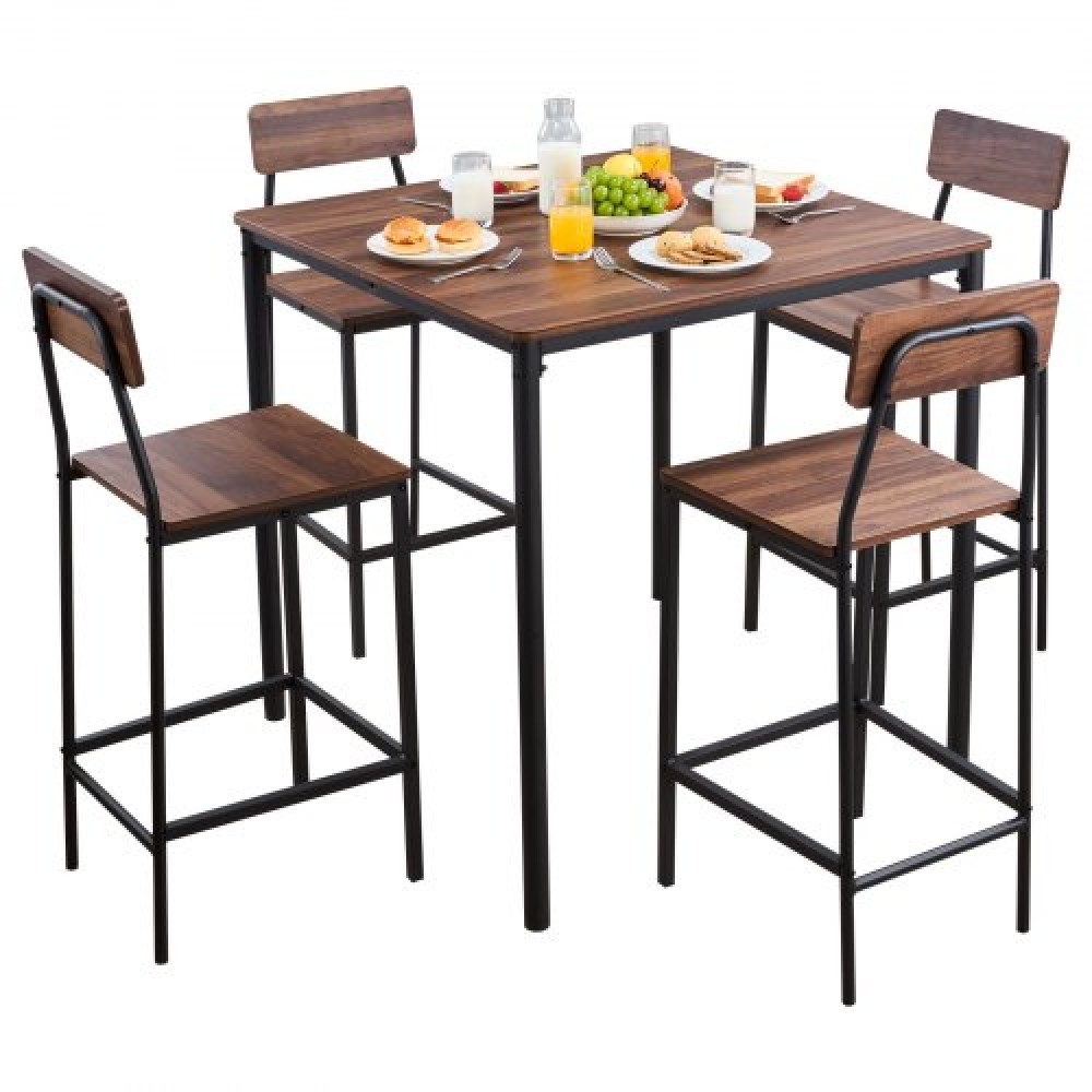 VEVOR Τραπέζι Bar, Σετ Τραπεζιών Bars 5 τμχ 889mm, Σετ Τραπέζια και Καρέκλες Μπαρ με Σχέδιο Στρογγυλεμένες, Τετράγωνο Τραπέζι Παμπ με Τέσσερα Σκαμπό για Σαλόνι, Τραπεζαρία, Κουζίνα, Χρώμα Καρυδιά, Μαύρο