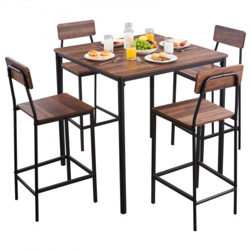 VEVOR Τραπέζι Bar, Σετ Τραπεζιών Bars 5 τμχ 889mm, Σετ Τραπέζια και Καρέκλες Μπαρ με Σχέδιο Στρογγυλεμένες, Τετράγωνο Τραπέζι Παμπ με Τέσσερα Σκαμπό για Σαλόνι, Τραπεζαρία, Κουζίνα, Χρώμα Καρυδιά, Μαύρο