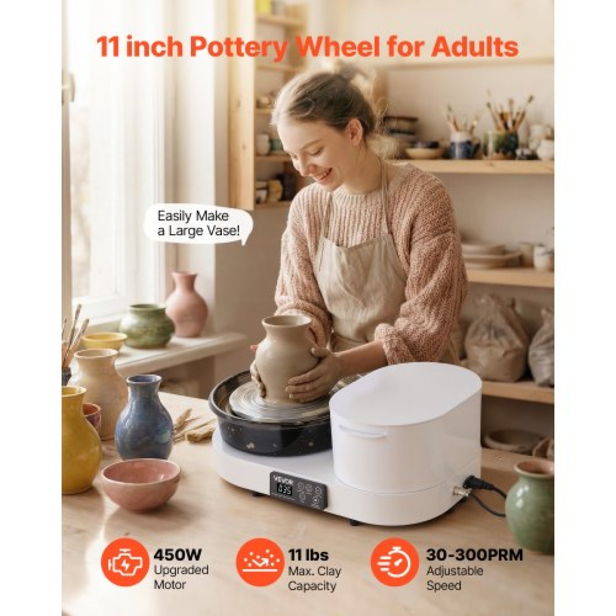 VEVOR Pottery Wheel for Adults, 28 cm Αλουμινένιο πικάπ, 450W Ηλεκτρικός επιτραπέζιος Τροχός κεραμικής με πεντάλ ποδιού, 30-300 RPM Ρυθμιζόμενη ταχύτητα, Σώμα αλουμινίου, για αρχάριους, DIY Clay Art Craft, Λευκό