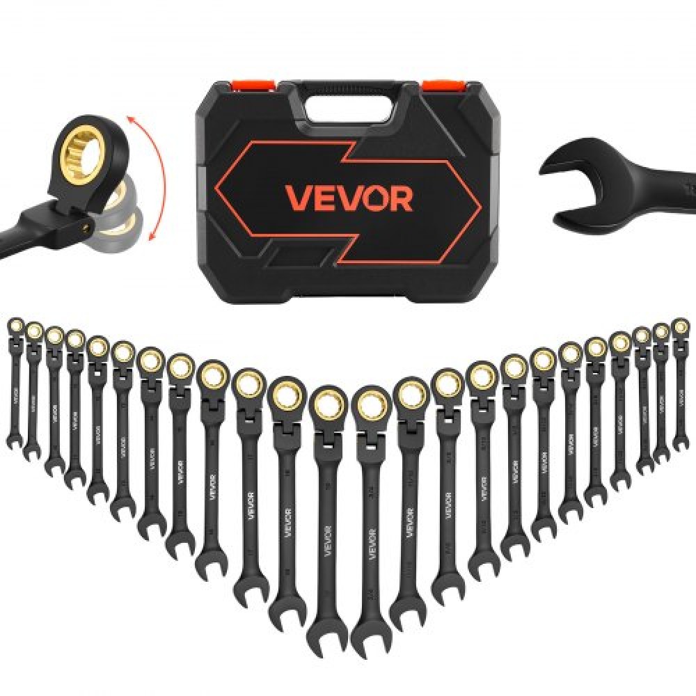 Σετ κλειδιών καστάνιας VEVOR Flex-Head, 24 τεμαχίων SAE και Metric, 72 δόντια, Cr-V Steel Ratchet Flexible Combined Wrench Set με θήκη αποθήκευσης, για γενικές επισκευές οικιακών και αυτοκινήτων, μαύρο
