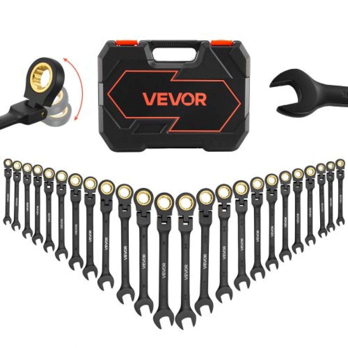 Σετ κλειδιών καστάνιας VEVOR Flex-Head, 24 τεμαχίων SAE και Metric, 72 δόντια, Cr-V Steel Ratchet Flexible Combined Wrench Set με θήκη αποθήκευσης, για γενικές επισκευές οικιακών και αυτοκινήτων, μαύρο