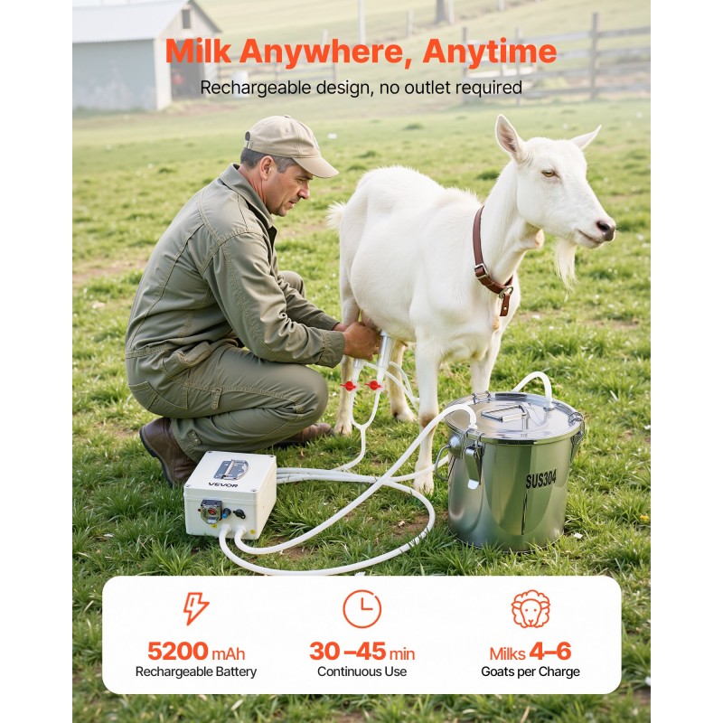 Μηχάνημα αρμέγματος κατσίκας VEVOR, Κάδος από ανοξείδωτο χάλυβα 0,8 Gal / 3 λίτρων τροφίμων, με επαναφορτιζόμενη μπαταρία 5200 mAh, 2 κύπελλα θηλής, ασύρματη φορητή ηλεκτρική παλμική μηχανή άρμεξης κενού για κατσίκες μόνο