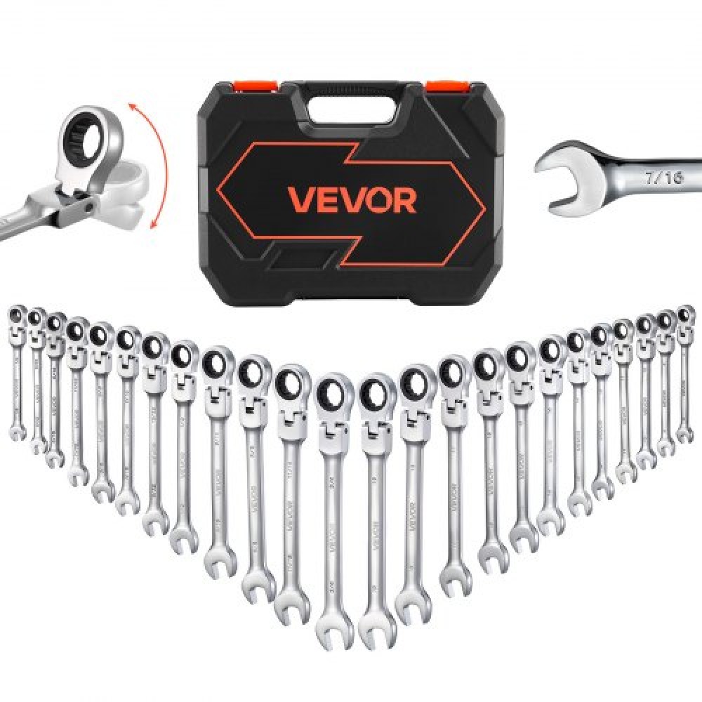 Σετ κλειδιών καστάνιας VEVOR Flex-Head, 24 τεμαχίων SAE και Metric, 72 δόντια, Cr-V Steel Ratchet Flexible Combined Wrench Set με θήκη αποθήκευσης, για γενικές επισκευές οικιακών και αυτοκινήτων, ασημί