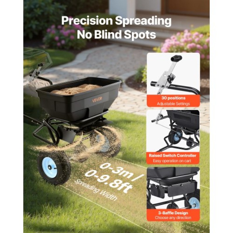 VEVOR Tow Behind Broadcast Spreader, χωρητικότητα 130LBS, Tow/Push Garden Spreader με 13 in ελαστικά, 30 ρυθμιζόμενη ρύθμιση & 9,8 ft πλάτος διασποράς, γκαζόν για σπόρους, λίπασμα, αλάτι, τήξη πάγου
