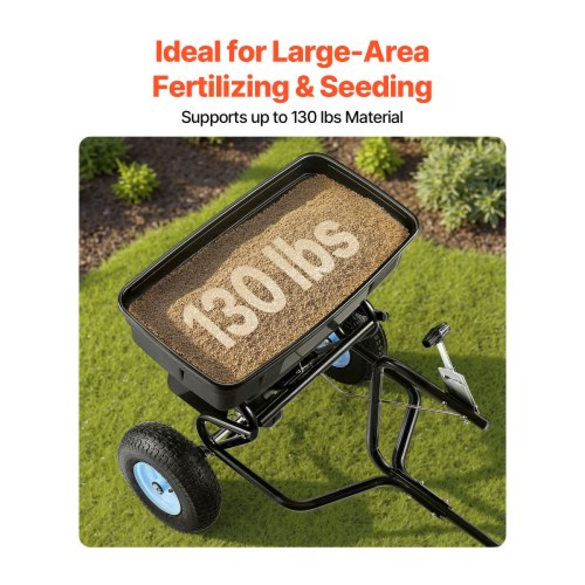 VEVOR Tow Behind Broadcast Spreader, χωρητικότητα 130LBS, Tow/Push Garden Spreader με 13 in ελαστικά, 30 ρυθμιζόμενη ρύθμιση & 9,8 ft πλάτος διασποράς, γκαζόν για σπόρους, λίπασμα, αλάτι, τήξη πάγου