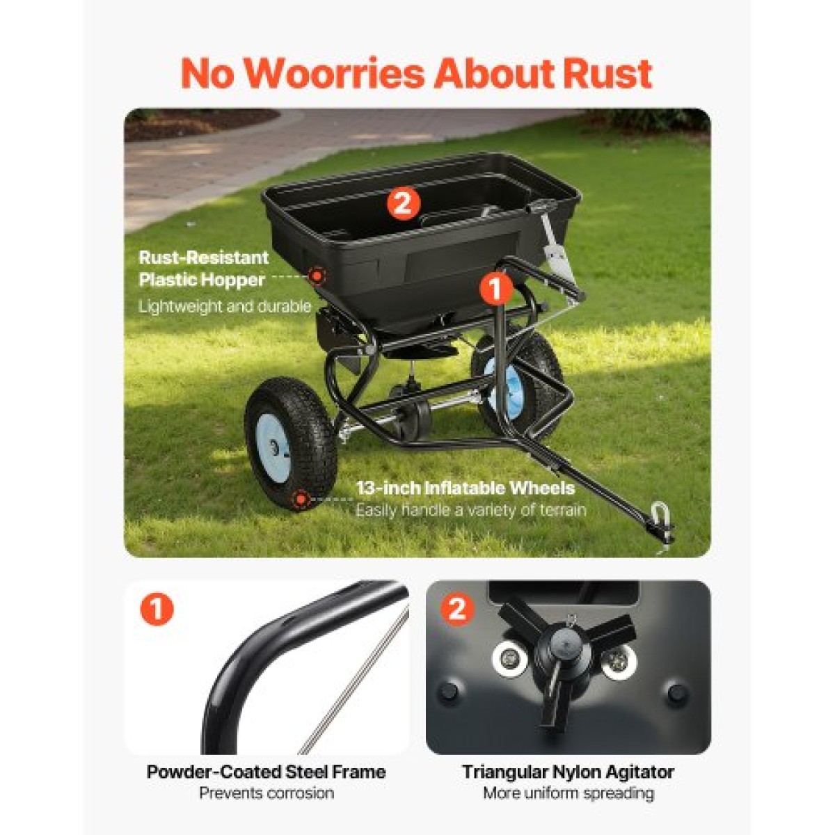 VEVOR Tow Behind Broadcast Spreader, χωρητικότητα 130LBS, Tow/Push Garden Spreader με 13 in ελαστικά, 30 ρυθμιζόμενη ρύθμιση & 9,8 ft πλάτος διασποράς, γκαζόν για σπόρους, λίπασμα, αλάτι, τήξη πάγου