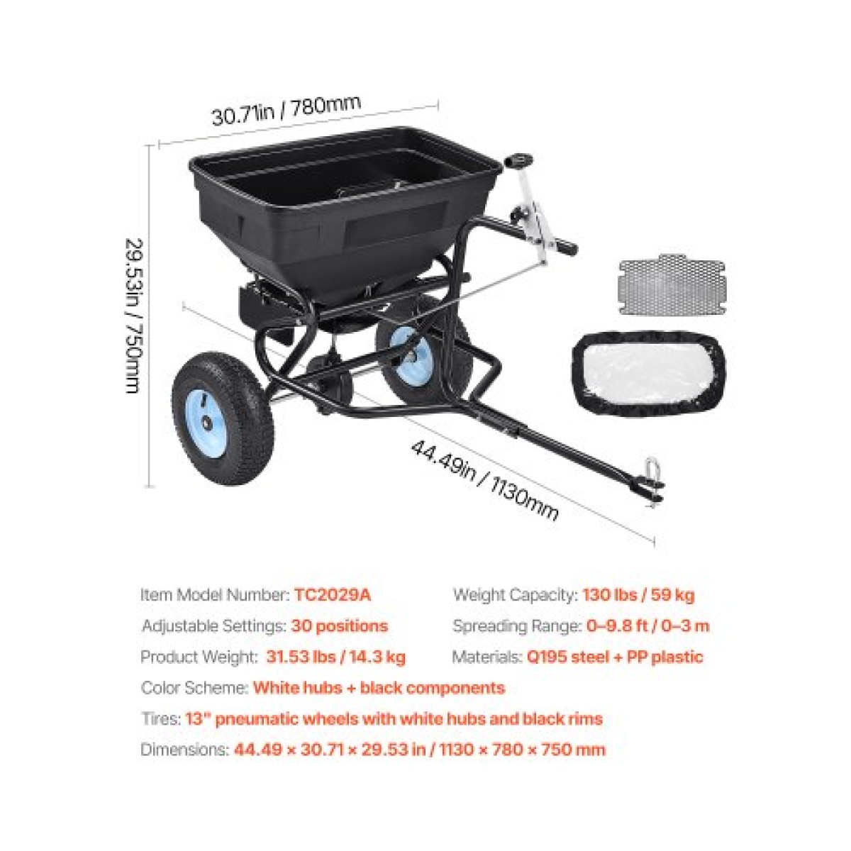 VEVOR Tow Behind Broadcast Spreader, χωρητικότητα 130LBS, Tow/Push Garden Spreader με 13 in ελαστικά, 30 ρυθμιζόμενη ρύθμιση & 9,8 ft πλάτος διασποράς, γκαζόν για σπόρους, λίπασμα, αλάτι, τήξη πάγου