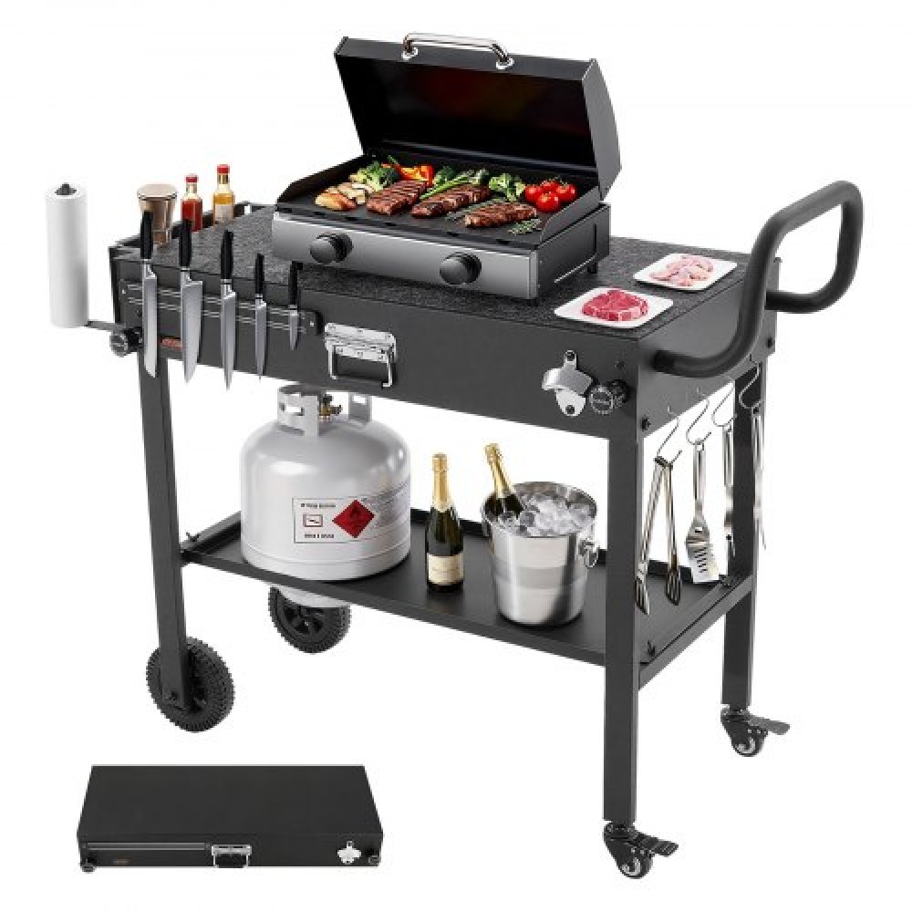 VEVOR Outdoor Grill Cart, 787 x 432mm Tabletop Size Grilling Table, Foldable Outdoor Cooking Table with Tissue Holder, Wheels, Magnetic Tool Rack, BBQ Prep Tables for Picnic, Kitchen, Courtyard