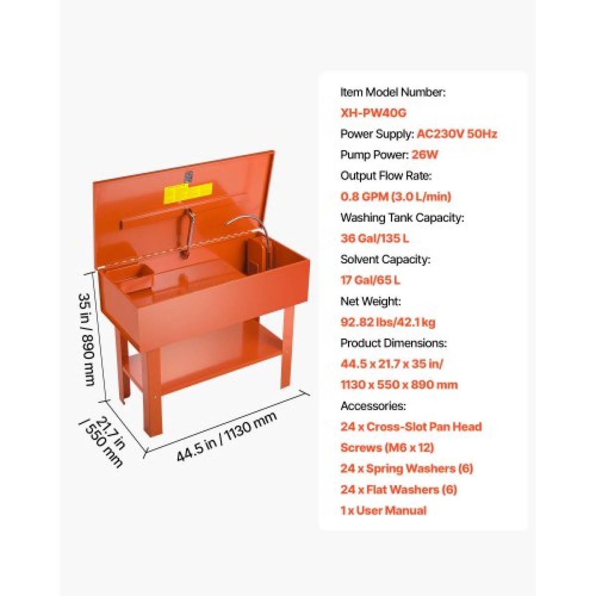 VEVOR Parts Washer 151L Tank, 65L Solvent Capacity, 3L per Minute Max Output Pump, Heavy Duty Steel Cabine Electric Pump Καθαριστικό πλυντηρίου ανταλλακτικών αυτοκινήτων για ρουλεμάν τροχών, γρανάζια και καρμπυρατέρ