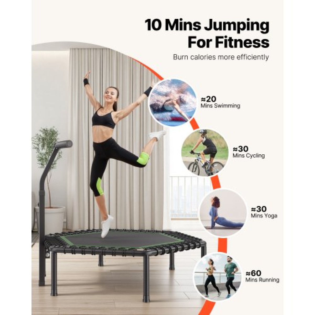 VEVOR 1385 mm Mini Trampoline, 205 kg Max Load Fitness Rebounder, Stylable & Quiet Μικρό Τραμπολίνο με 3 επίπεδα ρυθμιζόμενο ύψος & λαβή αφρού, Exercise Rebounder για Ενήλικες Προπόνηση σε εσωτερικούς χώρους/κήπου