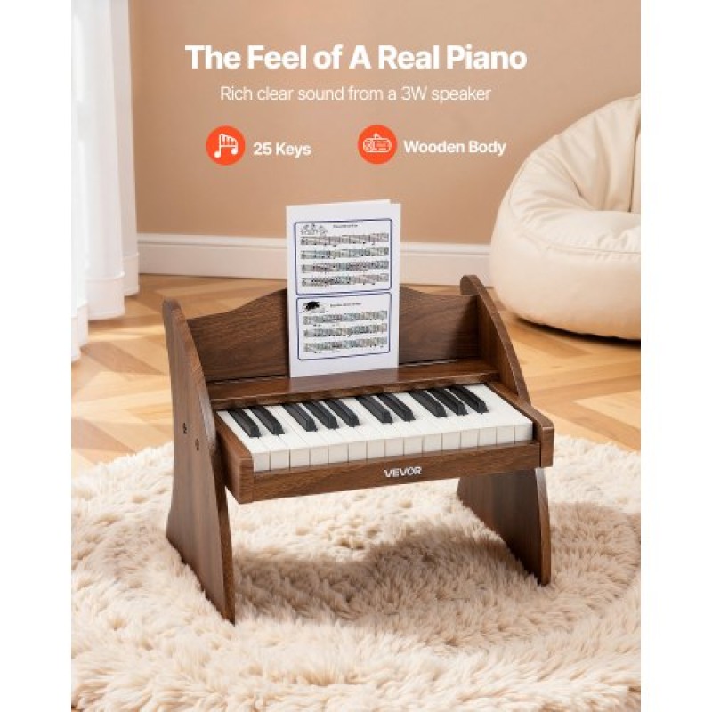 Πληκτρολόγιο VEVOR Kids Piano, Ξύλινο ψηφιακό πιάνο 25 πλήκτρων για παιδιά, Μίνι μουσικό εκπαιδευτικό όργανο παιχνίδι με ρεαλιστικό ήχο, διπλή ισχύς, ρυθμιζόμενη ένταση για νήπια, αγόρια κορίτσια εκμάθηση, καρυδιά